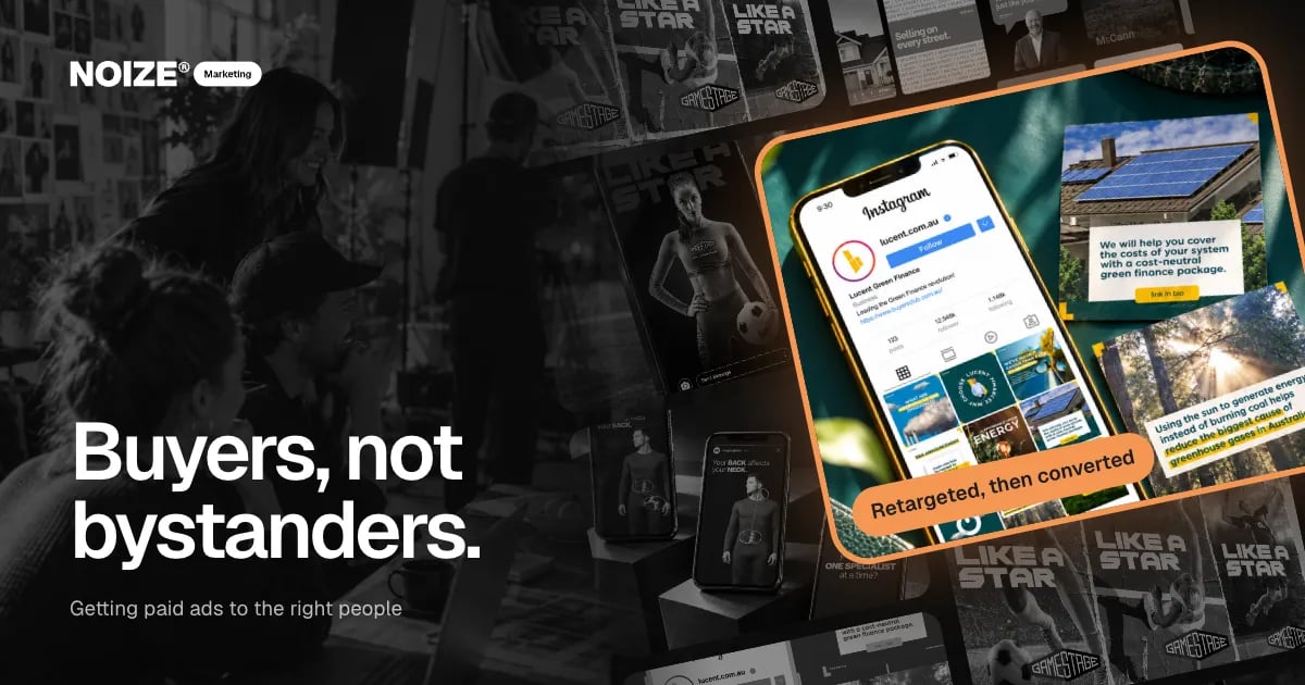 A wall of greyscale ad creative with one full-colour Instagram retargeting campaign lit up.