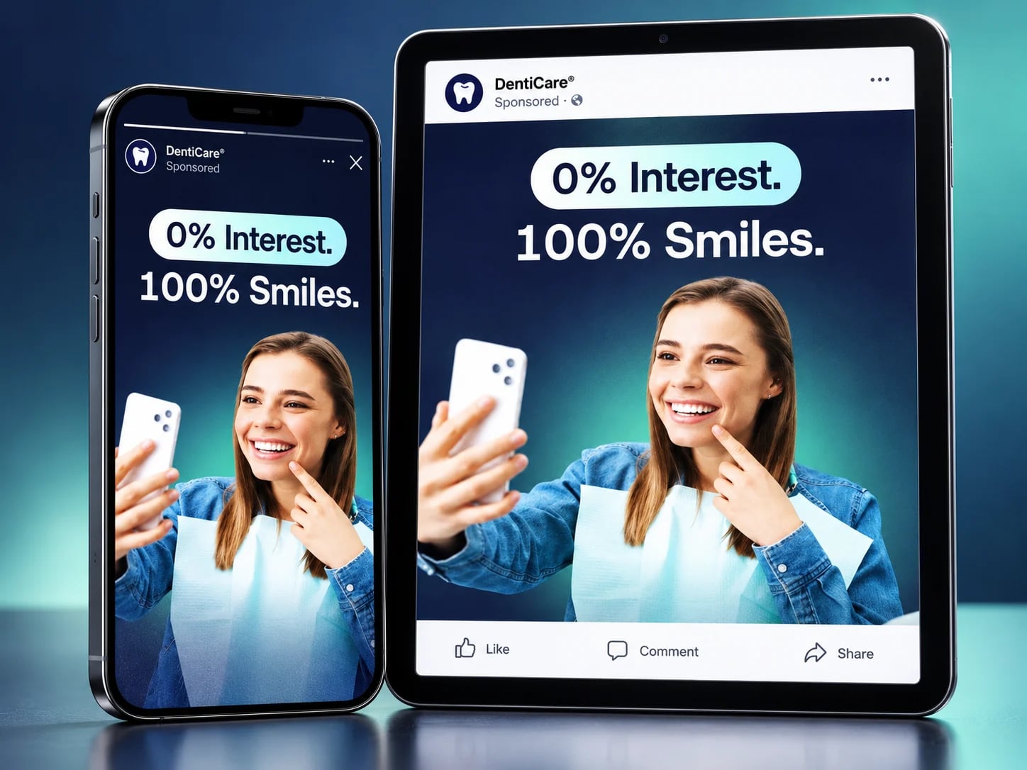 DentiCare: 0% Interest. 100% Smiles. Facebook and story ads